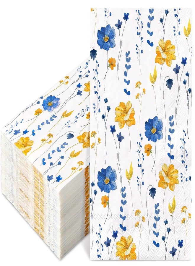 JarThenaAMCS مناديل ضيوف مزخرفة بالزهور من JarThenaAMCS، عبوة من 200 منديل، أصفر وأزرق، مناديل ورقية للاستخدام مرة واحدة، مناسبة لحفلات العشاء، وحفلات استقبال المولود، وأعياد الميلاد. - Image 1